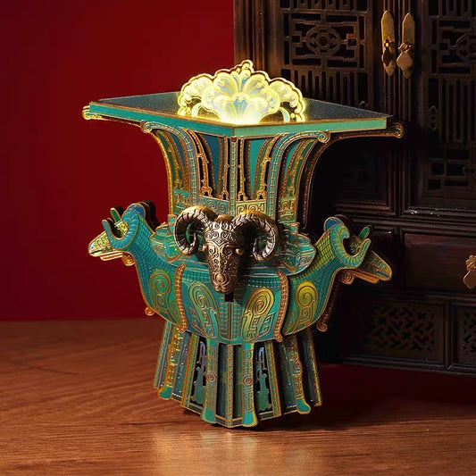 Four-Ram Bronze Square Zun Wooden Fridge Magnet